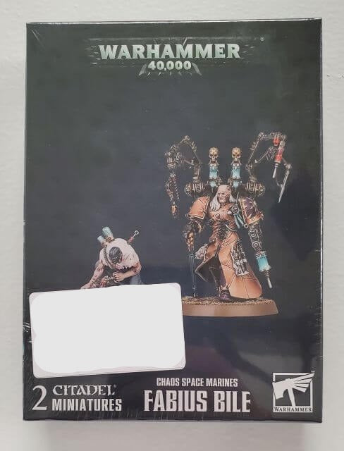 Packaging for Warhammer 40,000 Chaos Space Marines Fabius Bile miniatures kit featuring illustrations of the characters on the front.