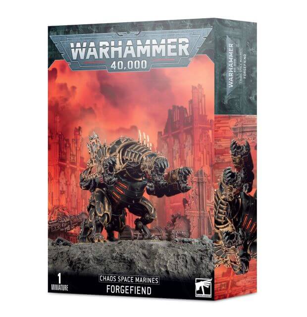 Product packaging for Warhammer 40,000 Chaos Space Marines Forgefiend / Maulerfiend miniature, featuring the miniature itself in a combat stance against a fiery backdrop.