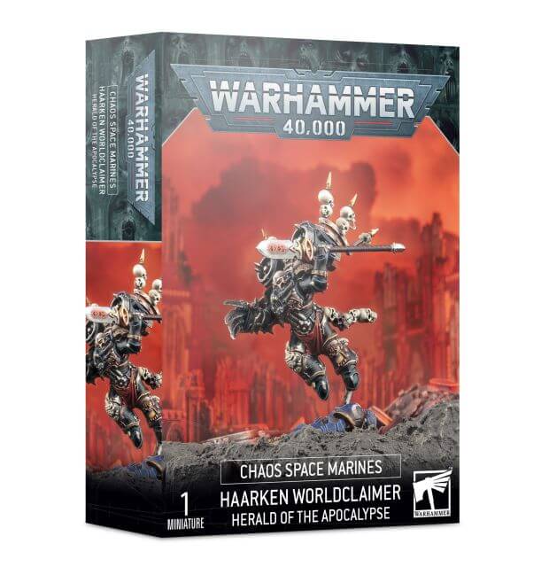 Product packaging for Warhammer 40,000 miniature featuring Chaos Space Marines Haarken Worldclaimer, with a red and dramatic backdrop.