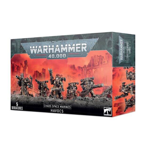 Packaging for Warhammer 40,000 Chaos Space Marines Havocs miniatures, featuring five figures on the front with a red and grey aesthetic.