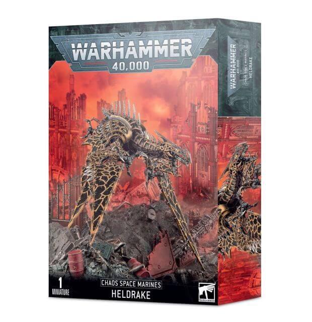 A product box for Warhammer 40,000 featuring Chaos Space Marines Heldrake. The box is predominantly red with an illustration of the Heldrake creature in a fiery environment.