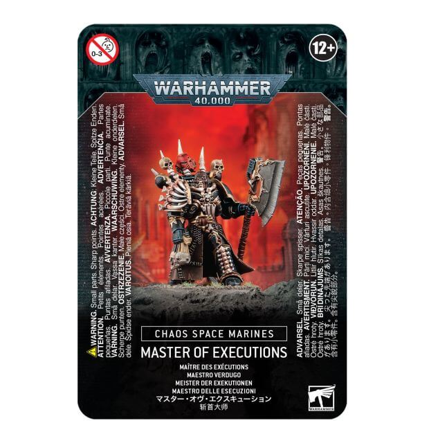 A product image featuring a card from the Warhammer 40,000 series displaying a miniature figure of a Master of Executions from Chaos Space Marines. The card includes the Warhammer 40,000 logo, the series name, and an illustration of the character on a dark, fiery background.