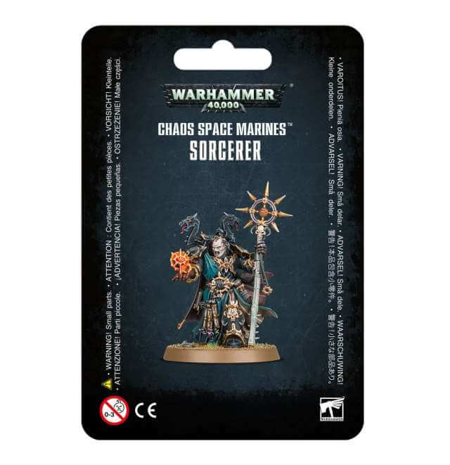 Packaging for Warhammer 40,000 Chaos Space Marines Sorcerer miniature, featuring the assembled and painted model on a black background with product information.