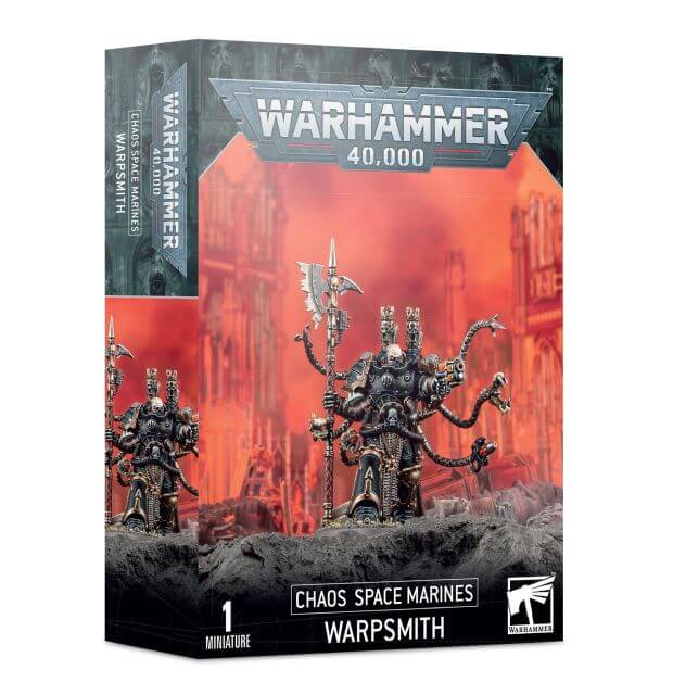 Product packaging for Warhammer 40,000 Chaos Space Marines Warpsmith miniature, featuring the miniature on the front with a red and black aesthetic.