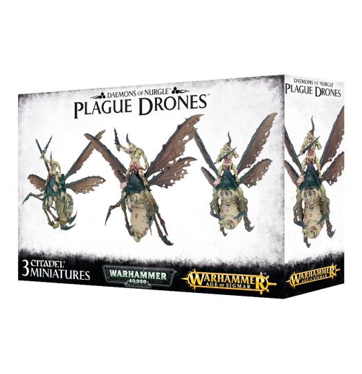 Packaging for Warhammer AoS Plague Drones miniatures, featuring illustrations of the miniatures in a fantasy setting.