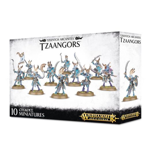 Packaging for Disciples of Tzeentch Tzaangors miniatures, displaying 10 painted figures on round bases out of a total of 142 components.