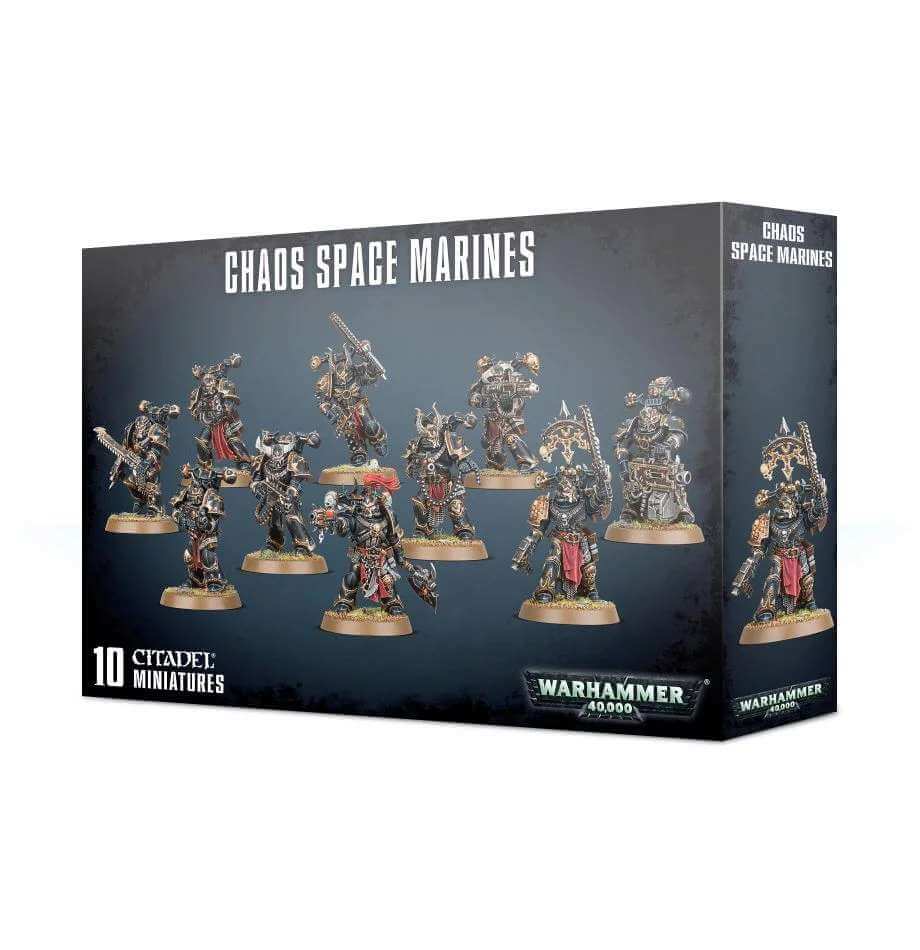 Packaging for Warhammer 40,000 Chaos Space Marines miniatures, showing 10 painted figures with various weapons and bases.
