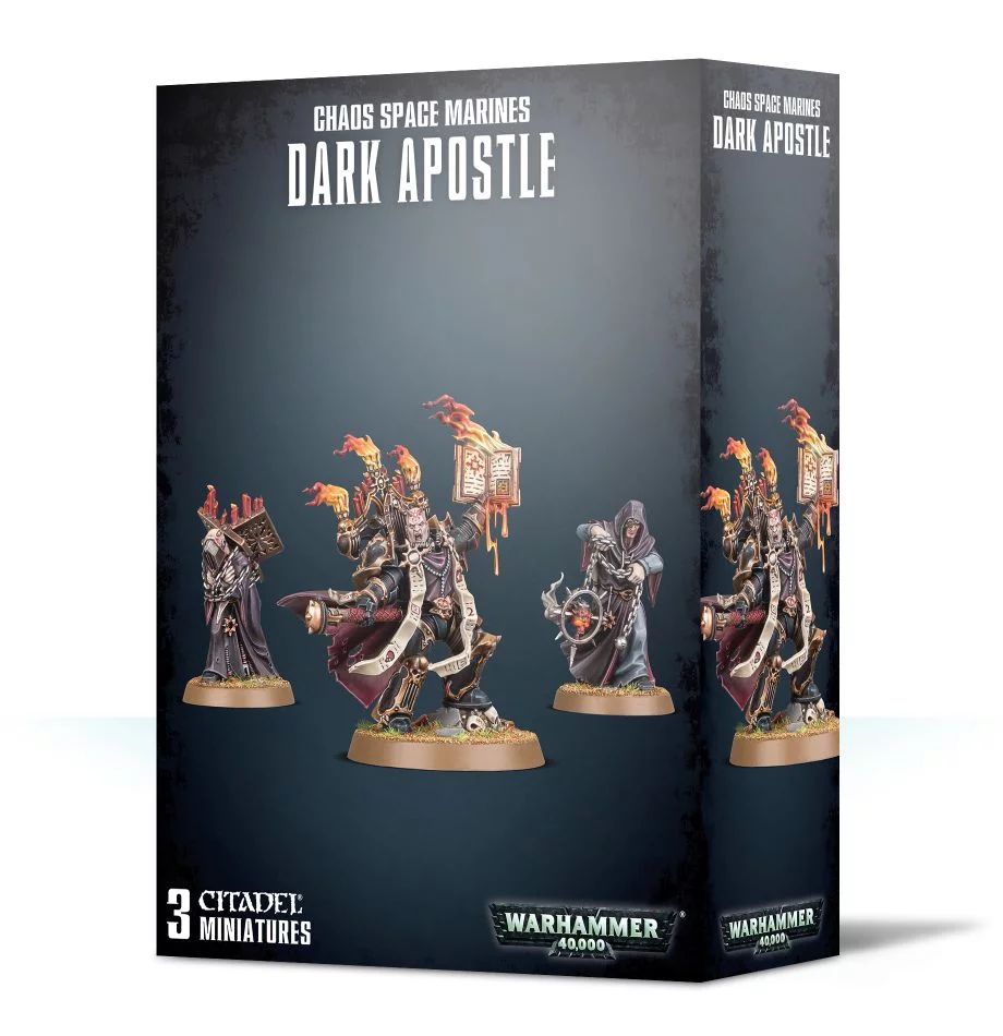 Product packaging for Chaos Space Marines Dark Apostle miniature figures, featuring images of the miniatures on a box with a dark color scheme.