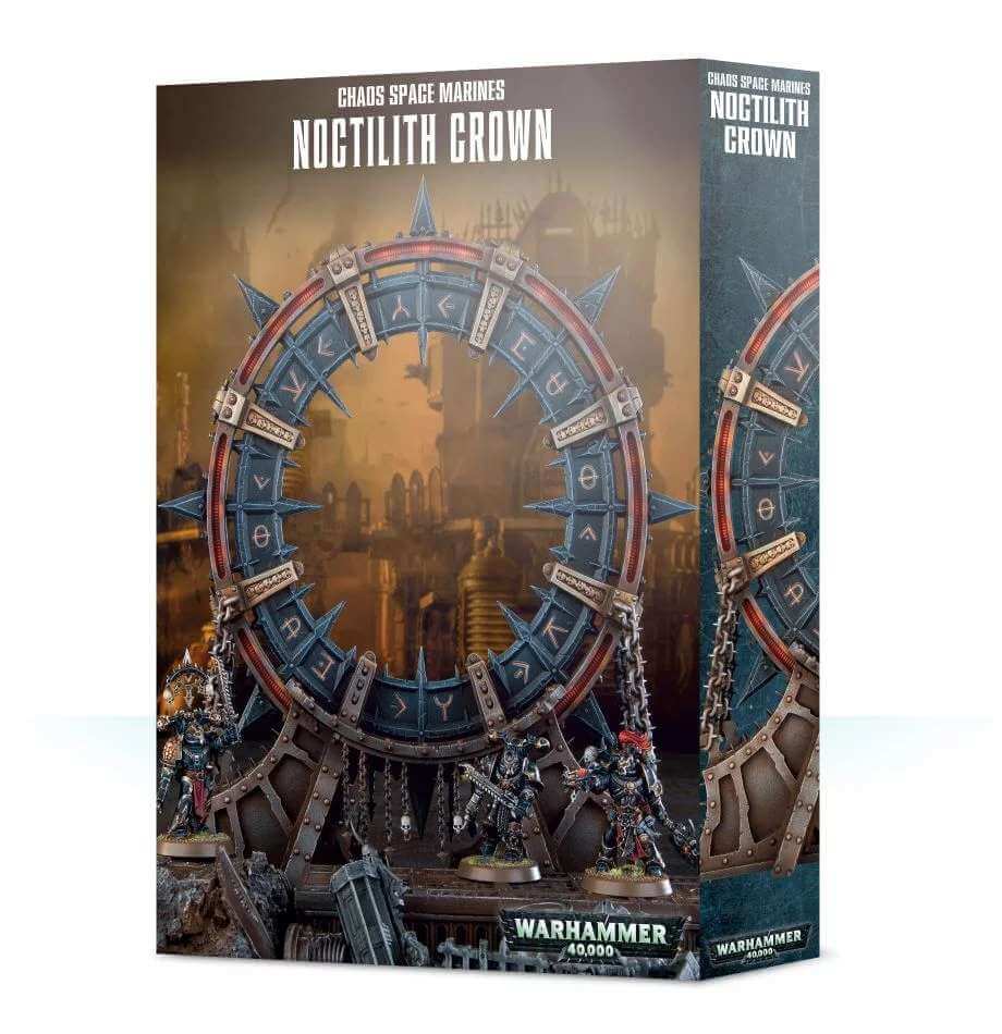 Packaging for Warhammer 40,000 Chaos Space Marines Noctilith Crown, featuring a large circular tactical emblem with ornate designs and color detailing.