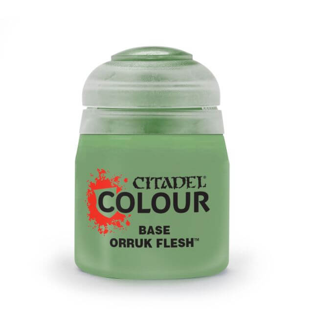 A pot of Citadel Colour base paint in the shade 'Orruk Flesh'. The product is designed for painting plastic, metal, and resin Citadel miniatures.