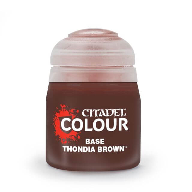 A pot of Citadel Colour base paint in Thondia Brown, designed for use on plastic, metal, and resin Citadel miniatures.
