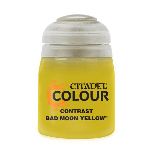 A pot of Citadel Contrast paint in the color 'Bad Moon Yellow'. The product is designed for painting models and miniatures, providing a vivid base and realistic shading.