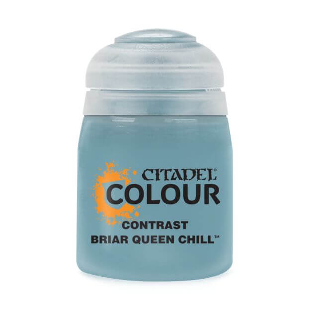 A pot of Citadel Contrast paint in the color 'Briar Queen Chill'. The product is designed for painting models and miniatures, and is displayed against a plain background.