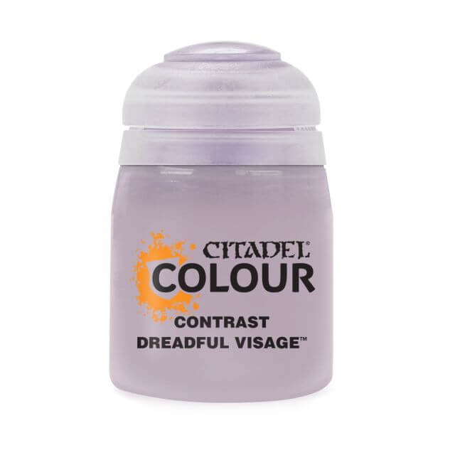 A pot of Citadel Contrast paint in the color 'Dreadful Visage'. The product is designed for painting model figures, providing a vivid base and realistic shading.