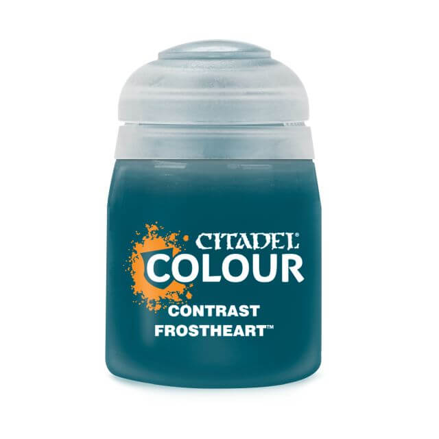 A pot of Citadel Contrast paint in the color 'Frostheart', indicating a metallic blue shade.
