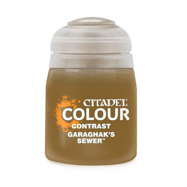 A pot of Citadel Contrast paint in the color 'Garaghak's Sewer', primarily brown in color with a white lid and label detailing the product name and brand.