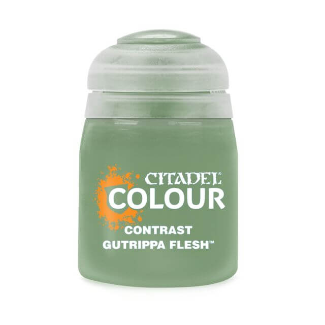 A pot of Citadel Contrast paint in the shade 'Gutrippa Flesh'. The product is designed for painting models and miniatures, allowing for vivid bases and realistic shading with a single application.