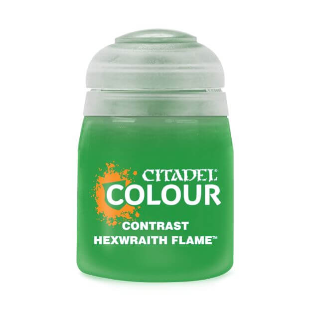 A pot of Citadel Contrast paint in the color 'Hexwraith Flame'. The product is designed for painting models and miniatures, and the paint is used to create base, shade, and highlight effects in one application.