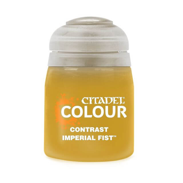 A pot of Citadel Contrast paint in the color 'Imperial Fist'. The product is designed for painting model figures, providing a vivid base and realistic shading.
