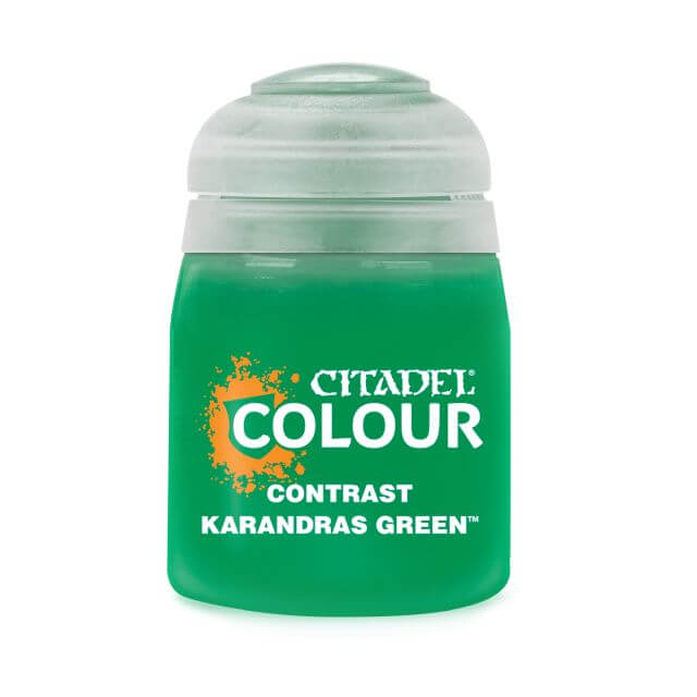 A pot of Citadel Contrast paint in Karandras Green color, used for model painting.