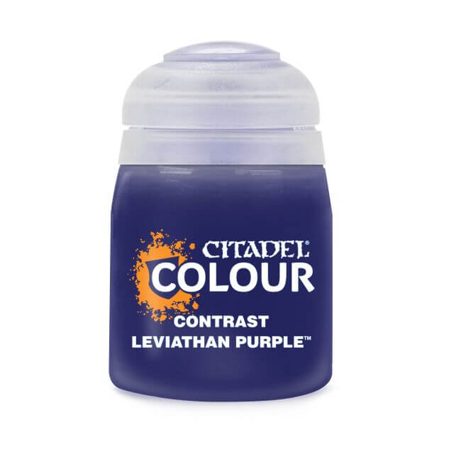 A pot of Citadel Contrast paint in Leviathan Purple color, used for model painting.