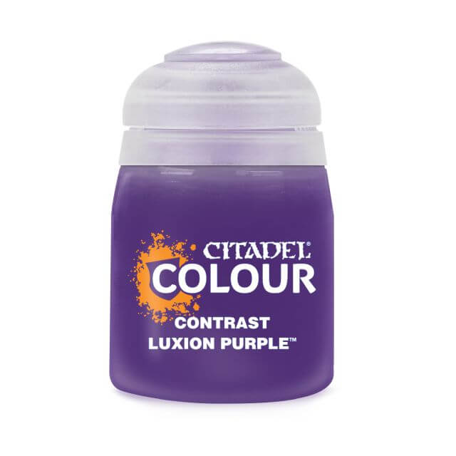 A pot of Citadel Contrast paint in Luxion Purple color, used for model painting.