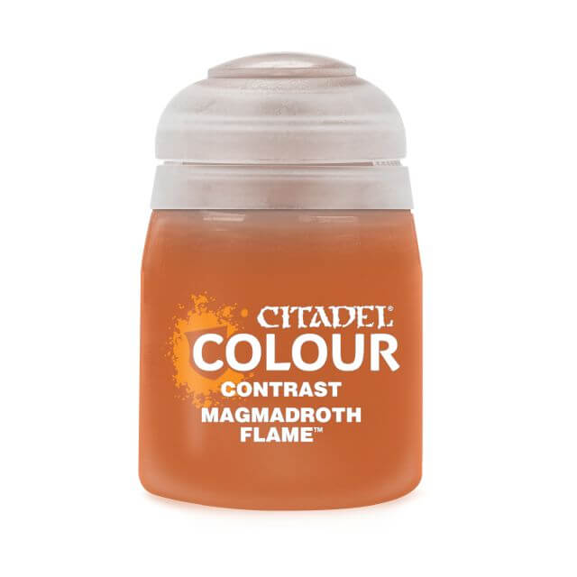 A pot of Citadel Contrast paint in the color Magmadroth Flame.