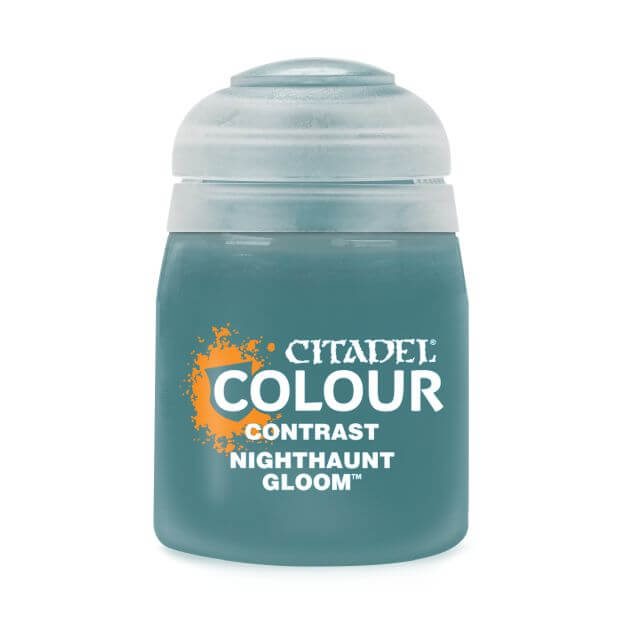 A pot of Citadel Contrast paint in the color 'Nighthaunt Gloom', primarily used for model painting.