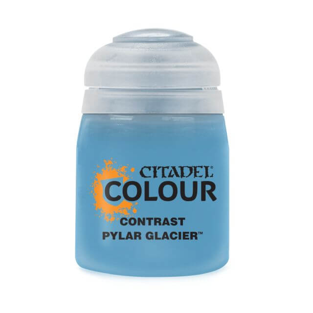 A pot of Citadel Contrast paint in the color 'Pylar Glacier'. The product is designed for painting models and miniatures, and the paint is used over a light undercoat to add vivid bases and realistic shading.