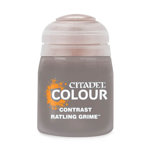 A pot of Citadel Contrast paint in the color 'Ratling Grime'. The product is designed for painting models and miniatures, providing a base, shades, and highlights in a single application.