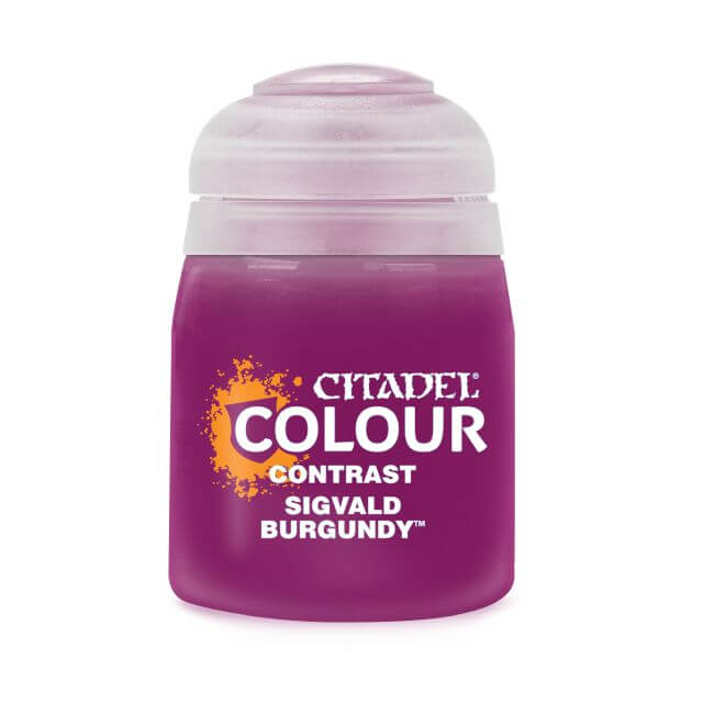 A pot of Citadel Contrast paint in the color 'Sigvald Burgundy'. The product is designed for painting models and miniatures, providing a vivid base and realistic shading.