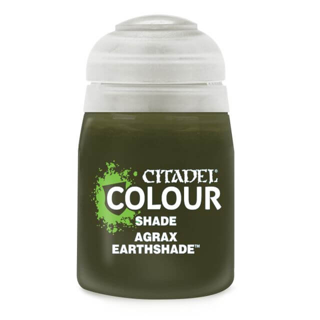 A pot of Citadel Colour Shade paint in the color Agrax Earthshade, primarily used for model painting.