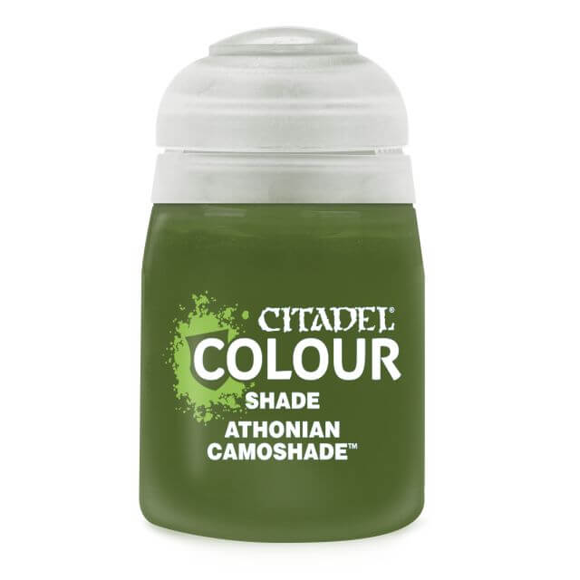 A pot of Citadel Colour Shade paint in Athonian Camoshade, primarily green in color with white lid and labeling.