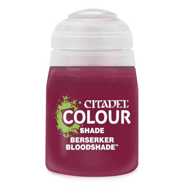 A pot of Citadel Colour Shade paint in the shade 'Berserker Bloodshade', primarily red in color with a white lid and green and white branding on the label.