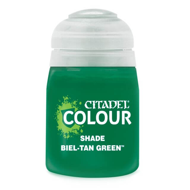 A pot of Citadel Colour paint in Biel-Tan Green shade, used for model painting.