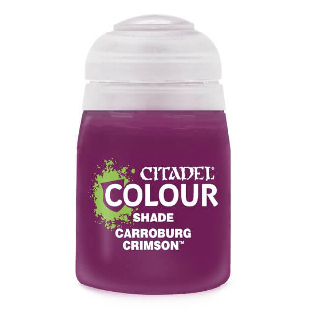 A pot of Citadel Colour shade in Carroburg Crimson, primarily purple in color with a white lid and green and white branding on the label.