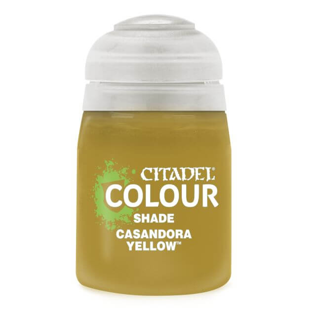 A pot of Citadel Colour shade in Casandora Yellow, primarily yellow in color with a white lid and green labeling.