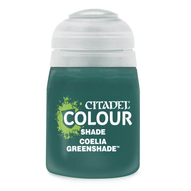A pot of Citadel Colour shade paint in the shade 'Coelia Greenshade', primarily green in color with a white lid and label detailing the product name and shade.