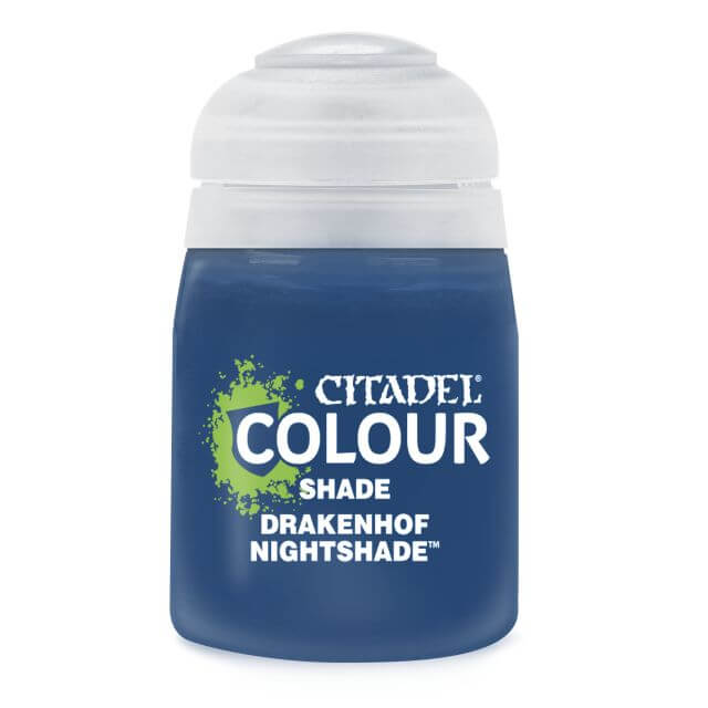 A pot of Citadel Colour shade paint in Drakenhof Nightshade, primarily blue in color with the brand and product name displayed on the label.
