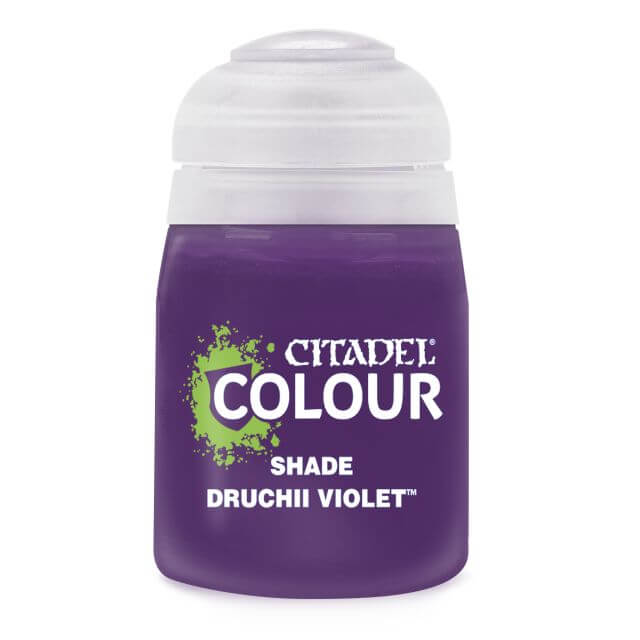 A pot of Citadel Colour paint in the shade 'Druchii Violet'. The product is designed for use on miniatures to add shading and depth to details.