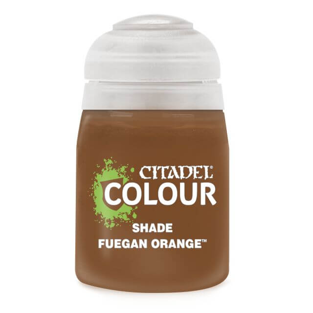A pot of Citadel Colour paint in the shade 'Fuegan Orange'. The product is designed for painting miniatures and models, providing a 18ml of paint.