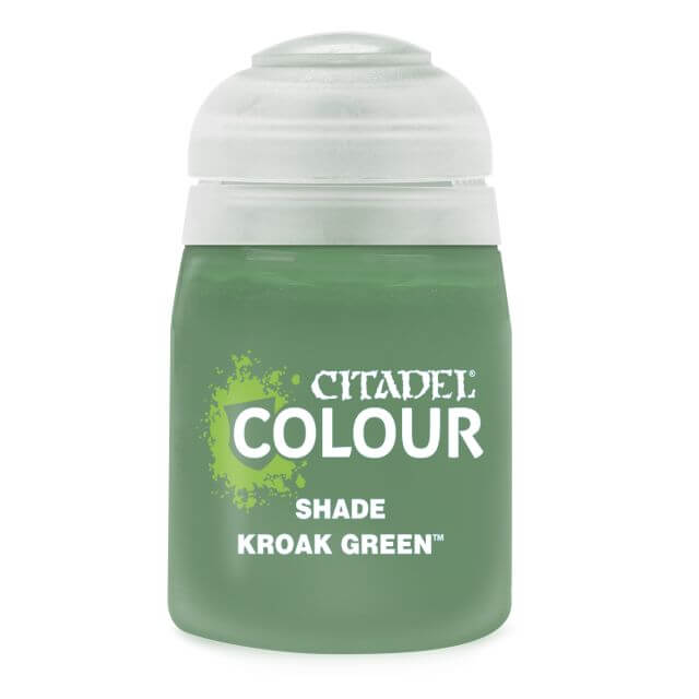 A pot of Citadel Colour paint in Kroak Green shade, used for model painting.