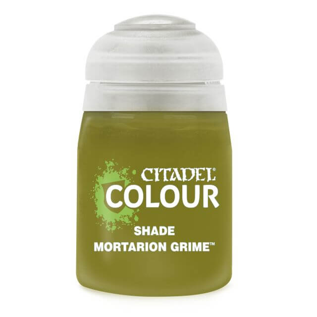 A pot of Citadel Colour shade in Mortarion Grime, primarily green in color with a white lid and label detailing the product name and shade type.