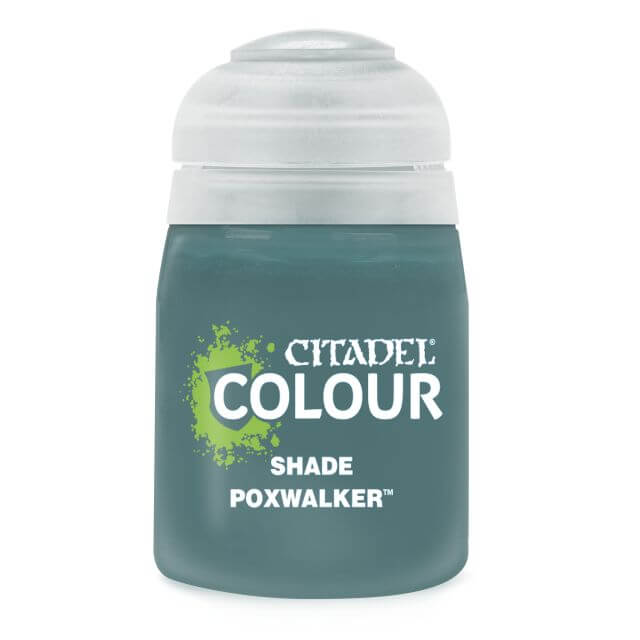A pot of Citadel Colour shade paint in the shade 'Poxwalker', primarily used for painting miniatures and models.