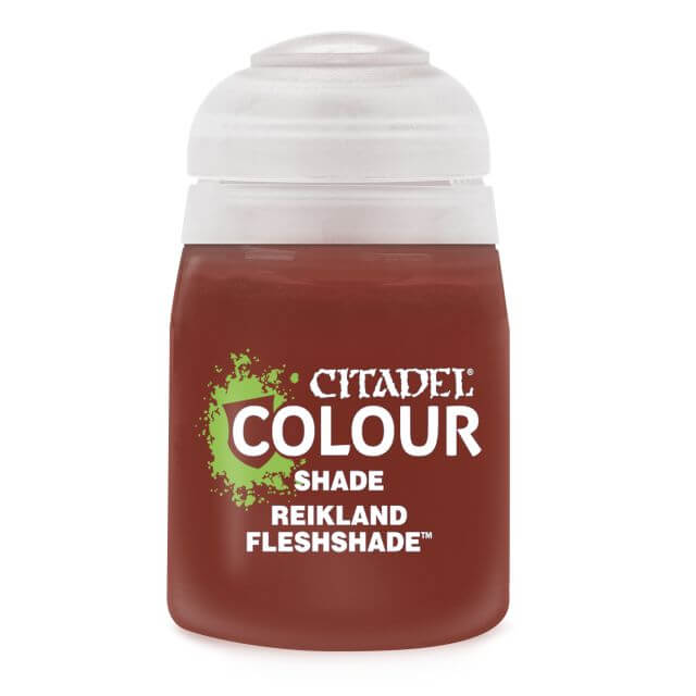 A pot of Citadel Colour Shade paint in Reikland Fleshshade, primarily red in color with a white lid and greenCitadel Colour Shade logo.