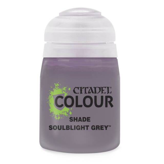 A pot of Citadel Colour shade in Soulblight Grey, primarily purple in color with a white lid and green accents on the label.