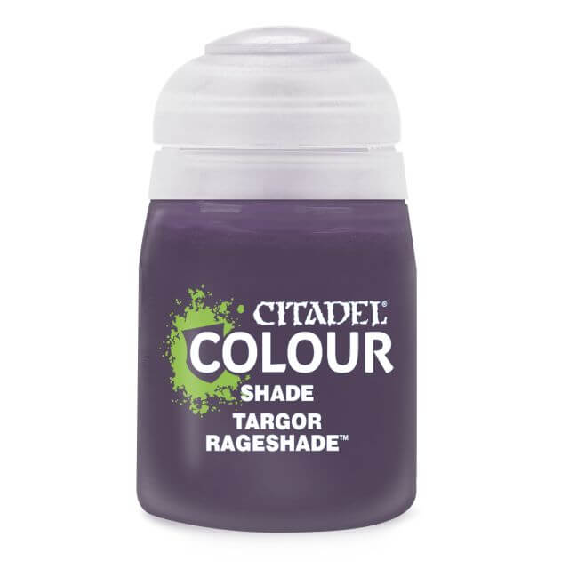 A pot of Citadel Colour shade paint in the color 'Targor Rageshade', primarily used for model painting.