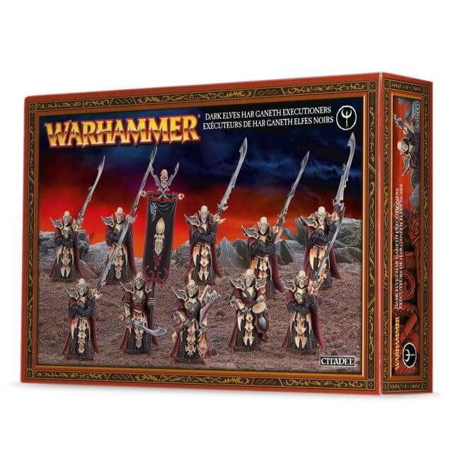 Boxed Warhammer game set featuring miniature figures of the Black Guard and Executioners with helmets and halberds, under a dramatic sky.