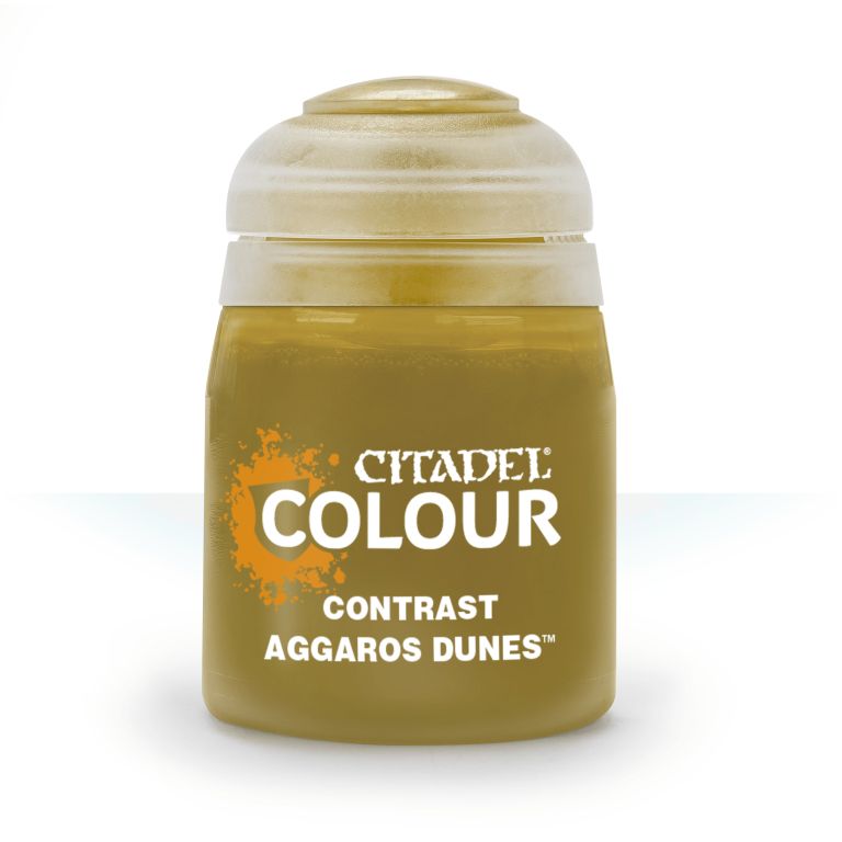 A pot of Citadel Contrast paint in the color 'Aggaros Dunes'. The product is designed for painting models to add base, shade, and highlights in a single application.
