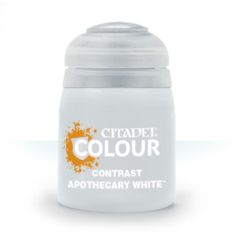 A pot of Citadel Contrast paint in Apothecary White color, used for model painting.